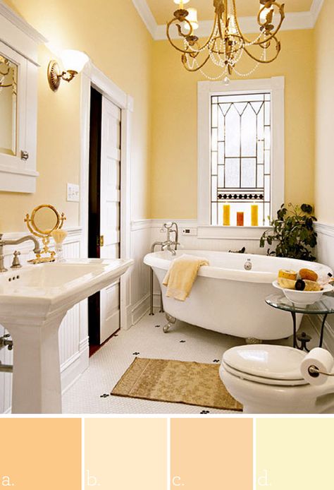 a. Benjamin Moore marmalade b. Benjamin Moore creamy beige c. Benjamin Moore pineapple orange d. Benjamin Moore pernod Cottage Style Bathrooms, Bad Inspiration, Style Cottage, Yellow Bathrooms, Subway Tiles, Yellow Walls, Small Bathroom Design, Bathroom Colors, Style At Home