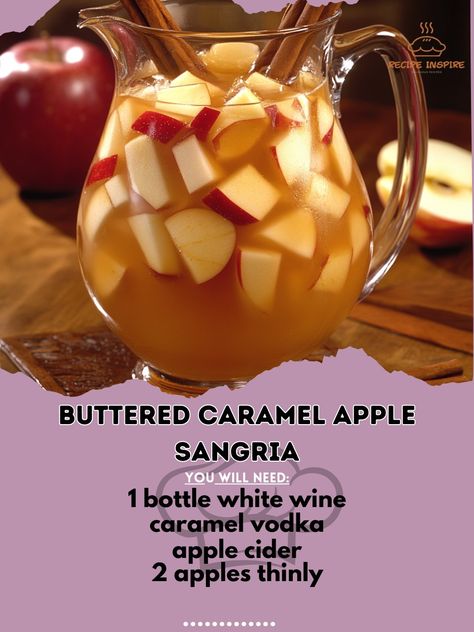 🍎🍹✨ Indulge in the sweet and buttery goodness of Buttered Caramel Apple Sangria! Perfect for fall gatherings! 🍂🍁 Buttered Caramel Apple Sangria Ingredients: - 1 bottle white wine (750ml) - 1 cup caramel vodka - 4 cups apple cider - 2 apples, thinly sliced - 1/4 cup caramel syrup - 2 cinnamon sticks Instructions: 1. In a large pitcher, combine white wine, caramel vodka, and apple cider. 2. Add sliced apples and cinnamon sticks. 3. Drizzle caramel syrup over the mixture. 4. Stir well to comb... Spiced Caramel Apple Punch, Carmel Vodka And Apple Cider, Apple Vodka Recipes, Sweet Sangria Recipes, Vodka And Apple Cider, Sangria Vodka Recipe, Apple Cider Drinks Alcohol, Sweet Sangria Recipe, Carmel Vodka