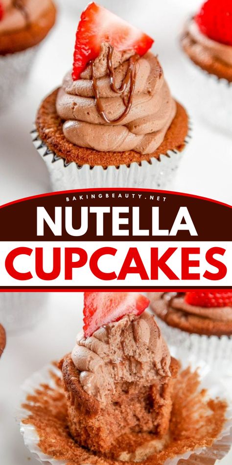 My Nutella cupcakes feature rich and moist chocolate cupcakes topped with a decadent Nutella buttercream. If you like Nutella, you'll love these cupcakes! Nutella Cupcakes Recipe, Moist Chocolate Cupcakes, Angel Food Cupcakes, Nutella Frosting, Banana Cream Pie Recipe, Nutella Cupcakes, Nutella Buttercream, Chocolate Cupcakes Moist, Gourmet Cupcakes