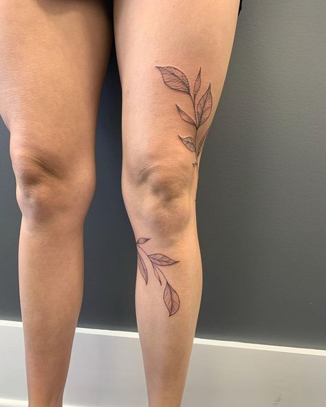 Loved doing this wrap around the leg for Cassidy! All drawn on | Instagram Plant Wrap Around Leg Tattoo, Women’s Leg Tattoos Simple, Flowers Calf Tattoo, Thigh Tattoos That Wrap Around, Delicate Knee Tattoo, Floral Knee Wrap Tattoo, Words On Leg Tattoo, Leg Vine Wrap Tattoo, Leaves Leg Tattoo