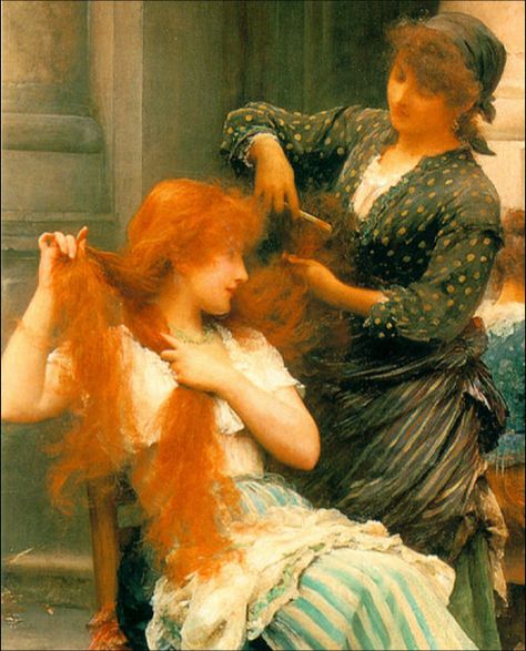 Luke Fildes "An Al-fresco Toilette" 1889 (detail) Sir Samuel Luke Fildes (1843-1927) English painter and illustrator. Oil painting Lady Lever Art Gallery, Liverpool, UK Lady Lever Art Gallery, Redhead Art, Pre Raphaelite Art, Dante Gabriel Rossetti, John Everett Millais, John William Waterhouse, Edouard Manet, Albrecht Durer, Long Red Hair