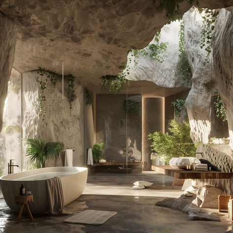 cave dwelling x luxury ✨🖤 - Carved into a forgotten island, this multi-level sanctuary blends modern luxury with ancient tradition. Natural light graces a cave pool, whispering tales of nature and designs’ coexistence 🧚‍♂️ - #cavedweller #islandliving🌴 #architecturaldetails #architecturaldesigns #organicarchitecture #contemporarystyle #contemporarydecor #ancientarchitecture #naturallighting #midjourneyarchitecture #luxuryarchitecture #interiordesigncommunity #architecturephotography #biophili... Natural Lighting Interior Design, Cave Interior, Cave Dwelling, Luxury Outdoor Spaces, Cave Design, Cave Pool, Nature Room, Inside Garden, Earthship Home