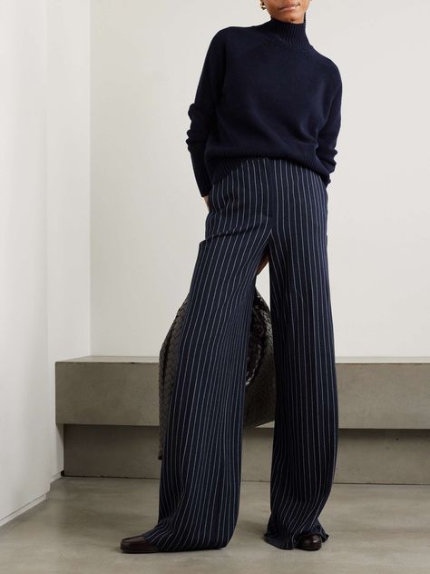 MAX MARA Benito pinstriped cotton, cashmere and silk-blend wide-leg pants Navy Blue Trousers Outfit, Satin Trousers Outfit, Pinstripe Pants Outfit, Blue Trousers Outfit, Silk Pants Outfit, Stripe Pants Outfit, Winter Pants Outfit, Trouser Outfit, Office Wear Women