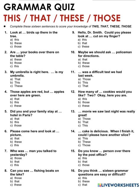 This That These Those Grammar, This That These Those Activities, This That These Those Worksheet, Test For Kids, Grammar Quiz, English Exercises, English Test, Teach English, E Learning