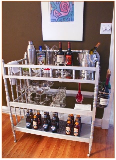 Turn your changing table into a bar cart. | 12 Depressing (But Useful) DIY Baby Projects Gold Bar Cart, Baby Changing Table, Bar Cart Decor, Diy Bar, Baby Projects, Contemporary House Design, Baby Diy, Baby Changing, Baby Furniture