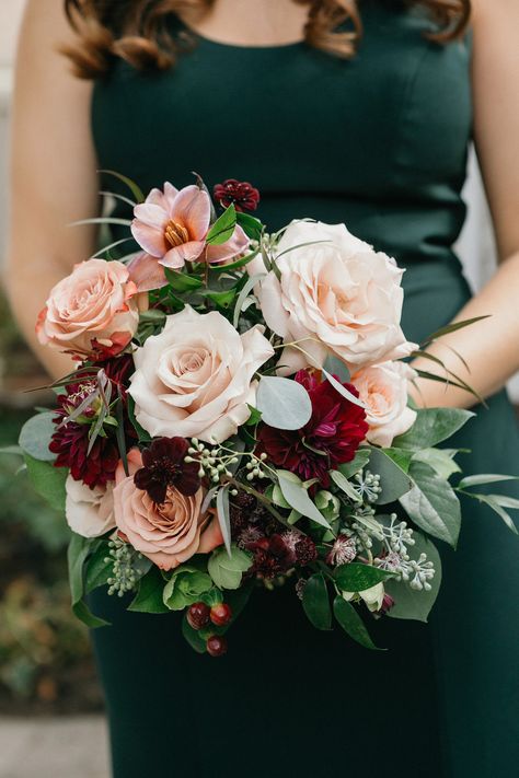 Blush and Burgundy Bouquet Bridesmaid Bouquet Burgundy And Blush, Emerald Green And Blush Wedding Theme, Emerald And Blush Wedding, Hunter Green Wedding, Blush Wedding Theme, Dark Green Wedding, Pink Green Wedding, Blush Bouquet Wedding, Burgundy And Blush Wedding