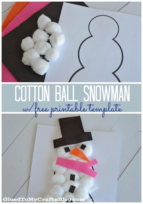 Cotton Ball Snowman Kid Craft w/free printable template - Winter DIY Cotton Ball Snowman, Cotton Ball Crafts, Easy Winter Crafts, January Crafts, Snowman Craft, Wonder Land, Christmas Crafts For Kids To Make, Christmas Week, Holiday Crafts For Kids