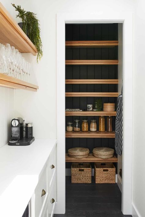 Pantry Closet Design, Open Pantry, House Pantry, Timber Kitchen, Timber Shelves, Pantry Remodel, Pantry Makeover, Small Pantry, Kitchen Pantry Design