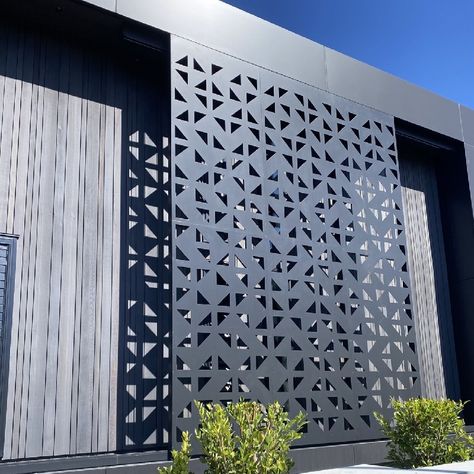 Laser Cut Panels Outdoor, Metal Grill Design, Laser Cut Panels Exterior, Laser Cut Panels Interior Design, Perforated Ceiling, Small Metal Building, Perforated Metal Screen, Small Metal Building Homes, Laser Cut Door