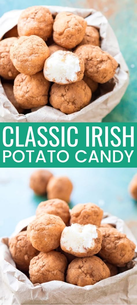 This Irish Potato Candy is perfect for celebrating St. Patrick’s Day with! Made with butter, coconut, cream cheese, sugar, and cinnamon and they look like baby potatoes! #stpatricksday #dessertrecipe #candy Irish Potato Candy Recipe, Potato Candy Recipe, Irish Potato Candy, Irish Desserts Traditional, Irish Desserts, Potato Candy, Irish Foods, Irish Potato, Irish Potatoes