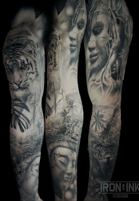 Jungle Tattoo Ideas, Jungle Book Tattoo, Jungle Tattoos, Rainforest Tattoo, Jungle Sleeve, Sea Tattoo Sleeve, Theme Tattoos, Panther Tattoos, Jungle Tattoo