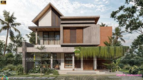 Modern tropical home with lush greenery and spacious balcony Modern Tropical Minimalist House, Tropical Design House Exterior, Tropical Architecture Exterior, Tropical Bungalow House Design, Kerala Architecture Exterior, Modern Tropical House Exterior, Residence Elevation Design, Tropical Home Exterior, Modern Tropical Architecture