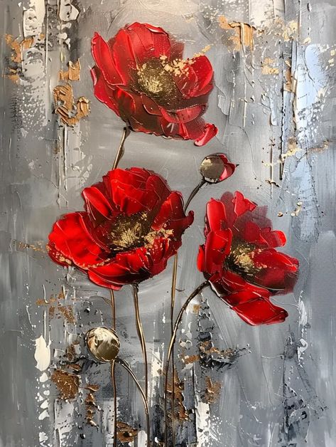 The painting is of three red poppies. The poppies are in different stages of bloom ->> more details in ai-img-gen.com Remembrance Day Posters, Poppy Flower Art, Red Poppy Painting, Poppy Flower Painting, Abstract Poppies, Red Artwork, Poppy Art, Flower Painting Canvas, Poppy Painting