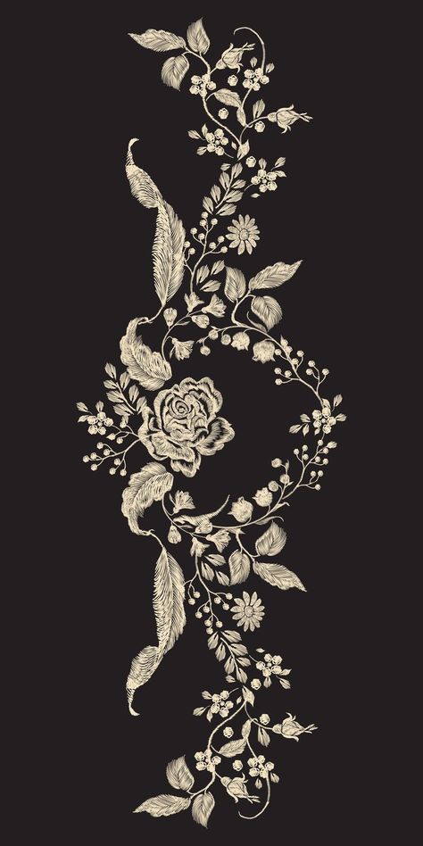 Embroidery Patterns Black And White, Digital Flowers Design, Digital Border Design, Black And White Embroidery, Digital Border, Flower Pattern Drawing, Botanical Motifs, Botanical Flower Art, Textile Prints Design