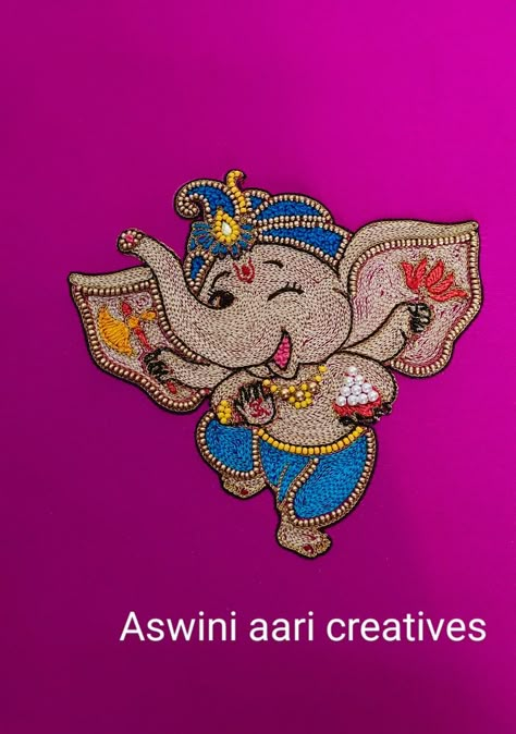 Ganesha Aari Work, Aari Work Ganpati Design, Vinayagar Aari Work, Ganpati Bappa Aari Work, Ganpati Embroidery Work, Ganesha Embroidery Design, Ganpati Bappa Fabric Painting, Elephant Embroidery Design Blouse, Elephant Aari Work Blouse