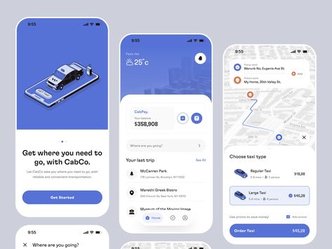 CabCo - Taxi Online App by Faris🤘 for 10am Studio on Dribbble Taxi App, Ui Ux App, Booking App, Mobile Ui Design, Mobile App Ui, App Ui Design, Mobile Ui, Ios Apps, App Ui