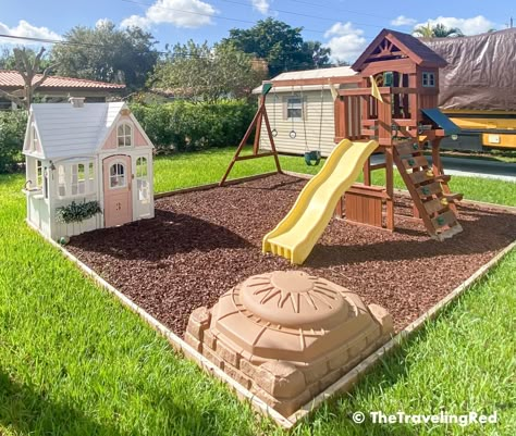 Sand Boxes For Kids, Backyard Play Set Landscaping, Playset Outdoor Landscape, Playset Landscaping Border, Mulch Around Playset, Playground Sets Backyards, Swingset Backyard Ideas, Swingset Landscaping Rubber Mulch, Play Area Ground Cover Ideas