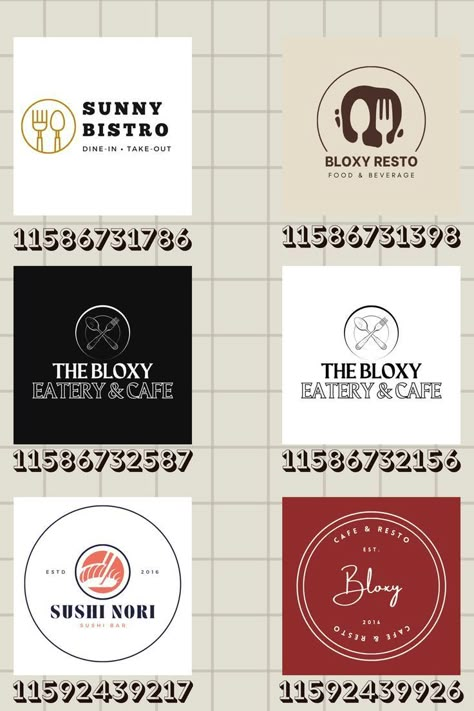 roblox bloxburg restaurant logo sign decals Hotel Codes, Roblox Logo, Codes Bloxburg, Restaurant Layout, School Decal, Bloxburg Decals Codes Aesthetic, Blocksburg Room Ideas￼, Codes Wallpaper, House Decals