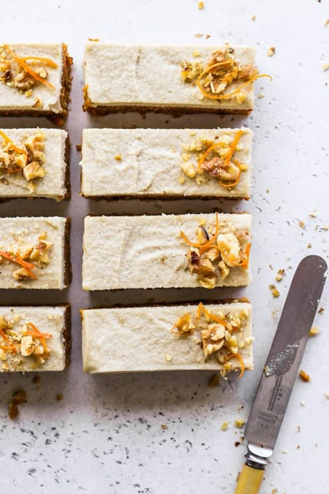 A quick  easy recipe for the BEST No-Bake Healthy Carrot Cake Bars!  Packed with fresh sweet carrots, heavenly scented with cozy spices and naturally sweetened with dates and maple syrup, these frosted carrot cake bars are the ultimate guilt-free dessert! | mylovelylittlelunchbox.com #carrot #cake #vegan #healthy #dessert #mylovelylittlelunchbox Raw Baking Recipes, Freezer Carrot Cake Bars Love And Lemons, Freezer Carrot Cake Bars Vegan, Natural Sweetened Cake, Vegan Carrot Cake Bars, Carrot Cake Freezer Bars, Healthy Carrot Cake Frosting, Healthy Carrot Desserts, Carrot Cake Bars Healthy