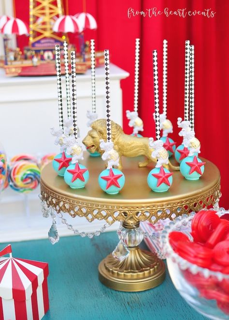 Circus Star Cake Pops from a Vintage Circus Birthday Party on Kara's Party Ideas | KarasPartyIdeas.com (14) Circus Theme Cake Pops, Circus Desserts, Circus Cake Pops, Circus Treats, Circus Backdrop, Happy Birthday Rebecca, Vintage Circus Birthday Party, Carnival Birthday Theme, Circus Themed Birthday Party