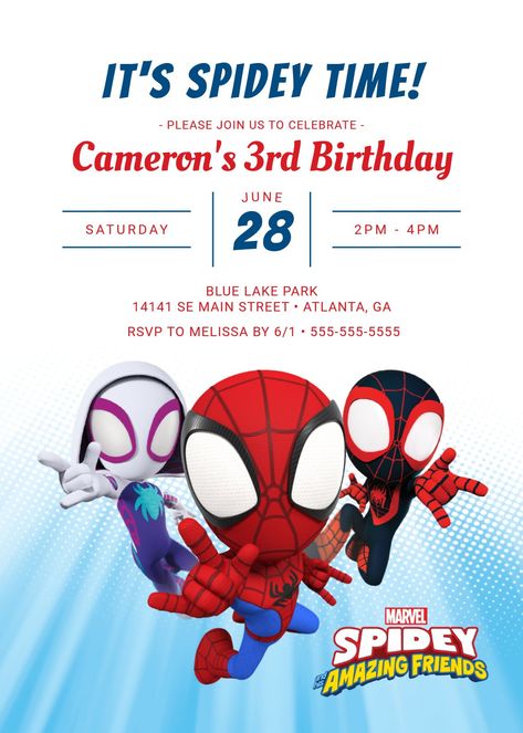 Spiderman Birthday Party Invitations, Friends Birthday Invitation, Spiderman Birthday Party Decorations, Spiderman Birthday Invitations, 2nd Birthday Party For Boys, Spidey And His Amazing Friends, Spiderman Birthday Party, Spiderman Party, Gold Birthday Party