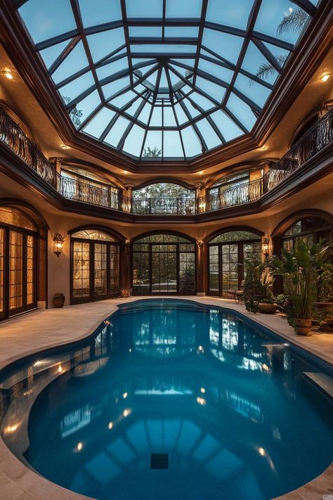 Luxury modern house indoor atrium pool with glass dome ceiling. Indulge in the luxurious houses with a stunning pool that you’ll want to dive into right now! Interior Pool Design, Dream Pools Luxury Indoor, Home Indoor Pool, Atrium Pool, Indoor Pool Ideas, Indoor Atrium, Glass Dome Ceiling, Enclosed Pool, Glass Bottom Pool