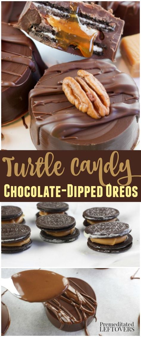 Candy Coated Oreos, Puck Cakes, Chocolate Dipped Candy, Dipped Desserts, Recipe With Caramel, Cake Puck, Oreo Ideas, Cake Pucks, Turtle Candy