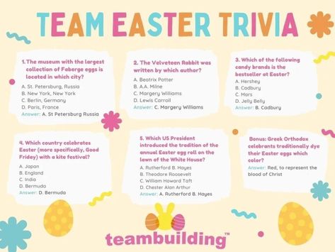 15 Fun Easter Team Building Activities for the Office in 2022 Easter Team Building Activities, Easter Team Building Games, Easter Ideas For Workplace, Easter Office Games, Office Easter Egg Hunt Ideas, Office Easter Ideas, Staff Games, Easter Quiz, Funny Trivia Questions