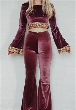 Lilac Velvet Dress, Velvet Co Ord Set, Lilac Velvet, Velvet Outfit, Velvet Bell Bottoms, Portland Style, Oc Fashion, Co Ords Outfits, Velvet Flare Pants