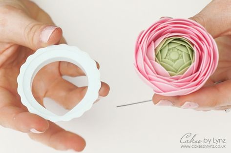 Gumpaste Ranunculus Flower Tutorial – Cakes by Lynz Royal Frosting, Flower Piping, Ranunculus Wedding, Fondant Cake Tutorial, Handbag Cakes, Ranunculus Flower, Sugar Flowers Tutorial, Fondant Flower Tutorial, Fondant Bow