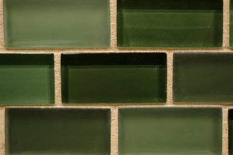 Green Tile Gold Grout, Green Tile Brown Grout, Green Tile With Dark Grout, Brown Cabinets Green Backsplash, Green Tile Grout Color, Green Tile Dark Grout, Green Tiles Grey Grout, Green Tile Black Grout, Green Glass Tile Bathroom