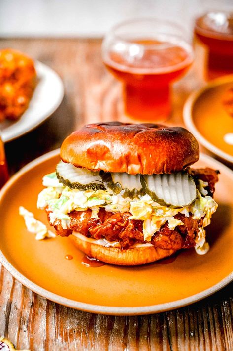 Honey Butter Chicken Sandwich, Hot Honey Chicken Burger, Hot Honey Sandwich, Brioche Bun Sandwich Ideas, Hot Honey Fried Chicken Sandwich, Hot Honey Chicken Sandwich, Hot Honey Fried Chicken, Honey Chicken Sandwich, Homemade Hot Honey