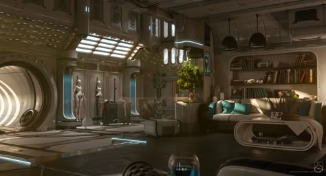 Sci Fi Apartment, Sci Fi Bedroom, Sci Fi Rooms, Sci Fi House, Sci Fi Home, Cyberpunk Interior, Sci Fi Room, Cyberpunk Room, Scifi Interior