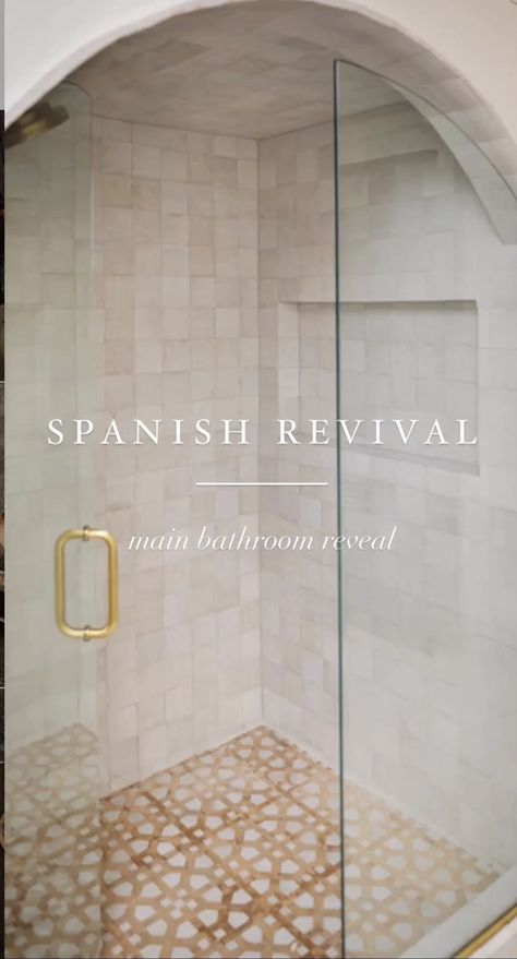 Riad Tile Bathroom, Hexagonal Mosaic Tiles Bathroom, Continuous Floor And Shower Tile, Timeless Spa Bathroom, Mediterranean Master Bath Ideas, French Bathroom Tile, Saltillo Backsplash, Small Square Tile Bathroom, Modern Hacienda Bathroom