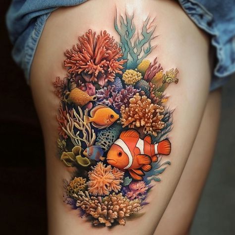 Zoology Tattoo, Leg Sleeve Tattoos Women, Under Water Tattoo Ideas, Ocean Themed Sleeve Tattoo, Underwater Tattoo Design, Ocean Theme Tattoo, Ocean Leg Sleeve Tattoo, Ocean Lover Tattoo, Ocean Tattoos Sleeve For Women