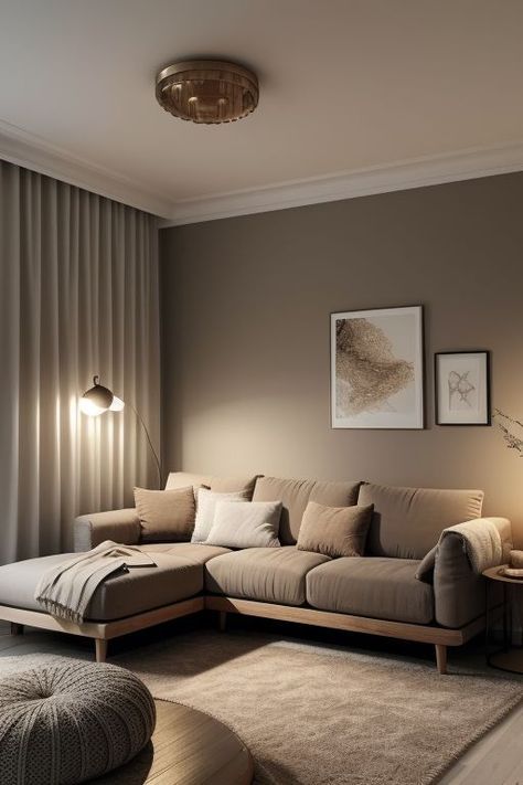 Dark Beige Living Room, Greige Sofa, Long Curtains Living Room, Greige Living Room, Luxury Powder Room, Mens Room Decor, Minimalist Living Room Ideas, Soft Autumn Color Palette, Autumn Color Palette