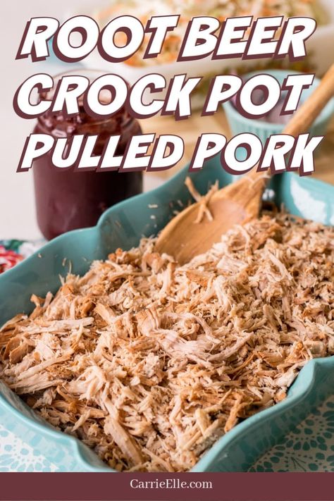 This Root Beer Crock Pot Pulled Pork is super easy to make and full of flavor. It's perfect for feeding a crowd or your family! There are so many ways to use this recipe. #mealplanning #mealprep #carrieellefood #dinner #mealplan #crockpot #slowcooker #pork # Non Bbq Pulled Pork Crock Pot, Root Beer Pulled Pork, Pulled Pork Crock Pot Recipes Root Beer, Root Beer Pulled Pork Crock Pot, Pulled Pork With Root Beer, Pulled Pork Root Beer Slow Cooker, Crockpot Pulled Pork Bbq Root Beer, Carolina Pulled Pork Crock Pot Recipes, Easy Pulled Pork Crock Pot