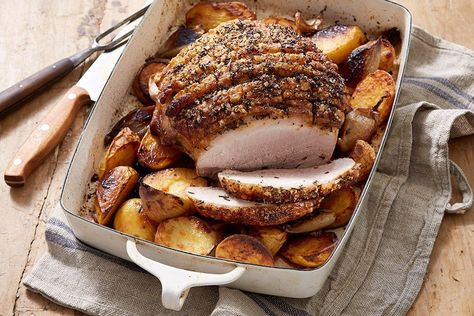 Pork Leg Roast Recipes, Roast Pork Leg, Pork Leg Recipes, Pork Leg Roast, Roasted Shallots, Rosemary Salt, Pork Leg, Potatoes In Oven, Fresh Olives