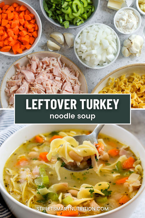 Save your leftover turkey for this easy turkey noodle soup recipe. It's the perfect way to use leftovers. Get the recipe at streetsmartnutrition.com Dinners To Make With Leftover Turkey, Shredded Turkey Soup, Leftover Turkey Noodle Soup Crockpot, Things To Make With Turkey Leftovers, Homemade Turkey Soup Recipes Thanksgiving Leftovers, Best Leftover Turkey Soup Recipe, Turkey Soup With Carcass Recipes, Ww Leftover Turkey Recipes, Leftover Turkey Recipes Easy Crockpot