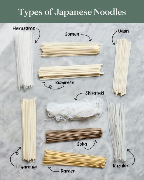 types of Japanese noodles laid out on a surface and labeled Homemade Japanese Noodles, Types Of Korean Noodles, Japanese Ingredients List, Types Of Ramen Noodles, Wheat Noodle Recipes, Noodles Types, Vermicelli Noodles Recipes, Noodle Types, Japanese Noodle Recipes