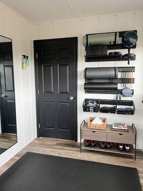 Gym Shelf Ideas, Garage Small Gym, Work Out Area In Garage, Garage Gym Conversion, Ikea Gym Storage, Garage Gym Wall Ideas, Garage Gym Storage, Garage Gym And Workshop, Garage Gym Inspiration