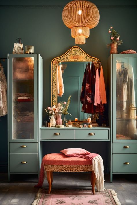 Interior Design Vanity, Vanity Aesthetic Decor, Moody Dressing Room Ideas, Eclectic Dressing Room, Vintage Dressing Room Aesthetic, Bedroom Vanity Aesthetic, Moody Dressing Room, Make Up Table Ideas Bedrooms, Vanity Aesthetic Vintage