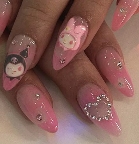 Black Kuromi Nails, Kuromi Nails Short, Kuromi Nails, Black Kuromi, Hello Kitty Nails Art, Halloween Acrylic Nails, Hello Nails, Basic Nails, Hello Kitty Nails