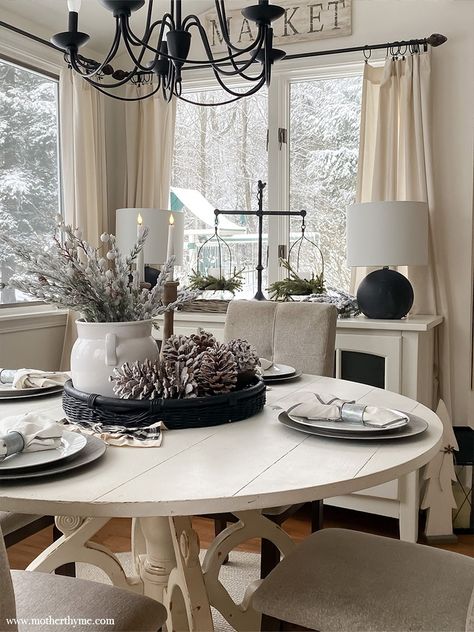 Cozy Winter Decorating Ideas – Winter Coffee Bar + Kitchen Dining Area – Mother Thyme Winter Coffee Bar, Winter Decorating Ideas, Mother Thyme, Coffee Bar Kitchen, Winter Kitchen, Flameless Taper Candles, Decor Shelves, Christmas Stem, Bar Shelves