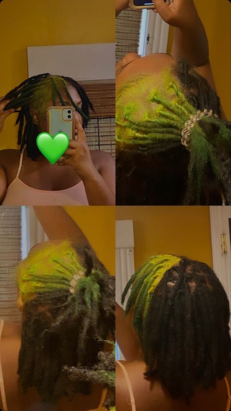 Skunk Dyed Locs, Green And Blonde Locs, Loc Skunk Stripe, Hair Dye Ideas For Locs, Dye Locs Ideas, Locs With Skunk Stripe, Green And Black Locs, Reverse Skunk Stripe Hair, Half And Half Hair Dye