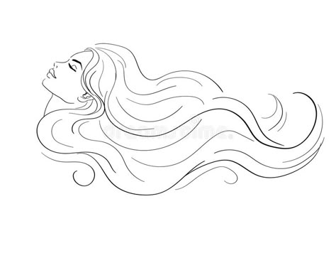 Long Hair Woman Drawing, Flowing Hair Illustration, Female Profile Tattoo, Long Hair Drawing Female, Line Art Hair, Hair Line Drawing, Hair Line Art, Long Hair Illustration, Illustration Hair