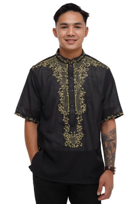 Buy Culture & Style Barong Jusi Black Short Sleeved Barong Tagalog Edward JV111 Online in India - Etsy Black Barong Tagalog, Character Aesthetic Inspiration, Black Barong, Modern Barong, Filipino Clothing, Barong Tagalog, Filipiniana Dress, Organza Top, Western Outfits