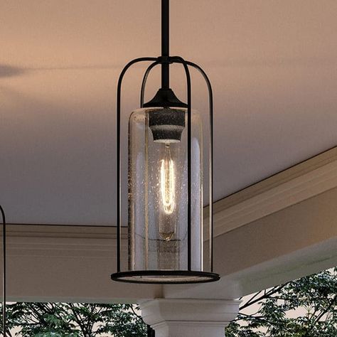 Luxury Farmhouse Outdoor Pendant, 15.375"H x 7.5"W, with Industrial Luxe Style, Midnight Black, BWP1303 by Urban Ambiance - On Sale - Bed Bath & Beyond - 37591787 Stairway Lighting Hanging Farmhouse, Entry Lighting, Farmhouse Outdoor, Outdoor Chandelier, Outdoor Pendant Lights, Farmhouse Pendant Lighting, Outdoor Pendant Lighting, Outdoor Light Fixtures, Outdoor Light