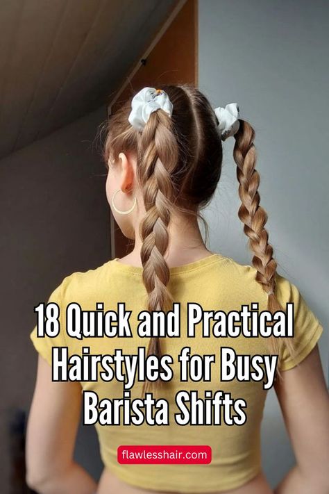 Braided Pigtails Work Braids For Long Hair, Hairstyles For Fast Food Jobs, Hairstyles For Baristas, Cute Bartending Hairstyles, Hairstyles For Food Service, Cute Hair Up Styles For Work, Fast Food Hairstyles, Cafe Hairstyle, Coffee Shop Hairstyles