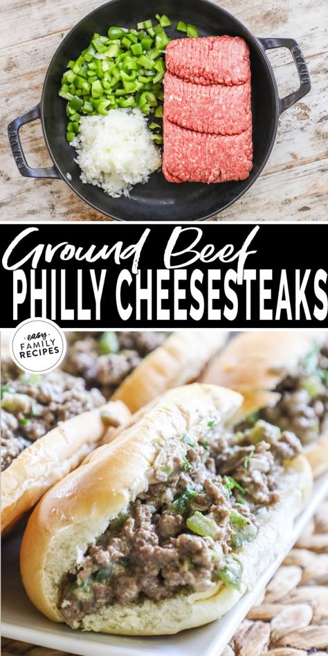 These hearty homemade Philly cheesesteaks with ground beef are SO good! My kids are always THRILLED when dinner sandwiches are on the menu, especially if they’re ground beef Philly cheesesteaks. The juicy ground beef, tender bell peppers and onions, and plenty of gooey cheese make a hearty dinner recipe that’s family friendly. It’s the perfect one-pan dinner for a busy weeknight meal, or you can make them into meal prep sandwiches and enjoy it all week long for when you need a meal on-the-go. Recipes That Include Ground Beef, Ground Beef Camping Recipes, Diner With Ground Beef, Fall Meals Dinners Ground Beef, Sports Mom Dinner Ideas, Family Meals Ground Beef, Ground Beef Recipes For Toddlers, Ground Beef Toddler Meals, Kid Friendly Meals For Picky Eaters